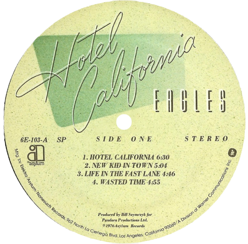 The Eagles 'Hotel California' LP Label Sticker